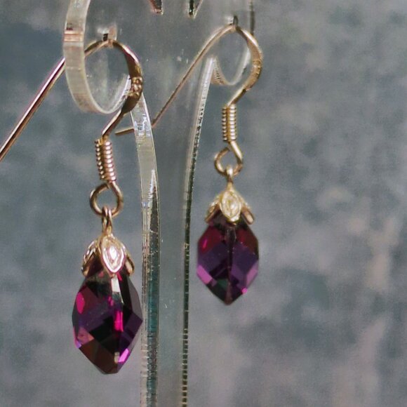 Teardrop Purple Crystal Earrings With Sterling Silver Hooks & Elegant Design - Picture 2 of 4